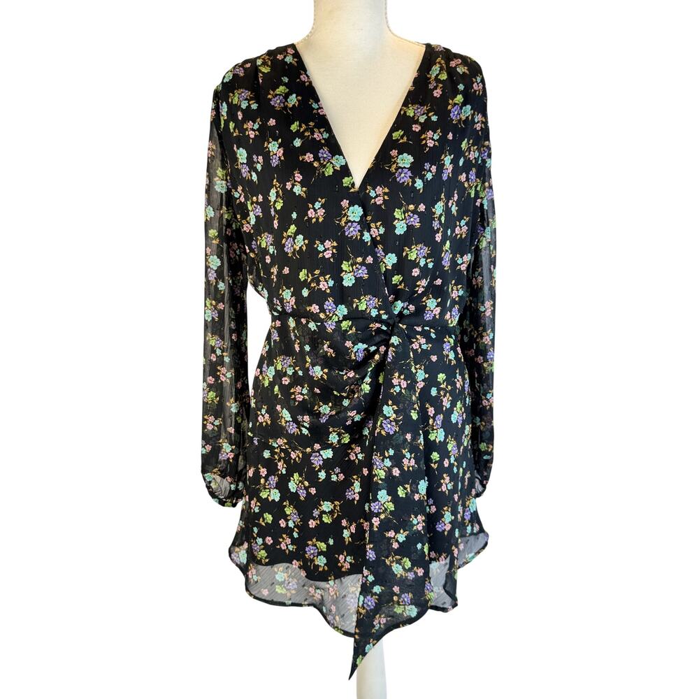 Zara Black Floral Surplice Mini Dress Women's Large Balloon Cottagecore Boho